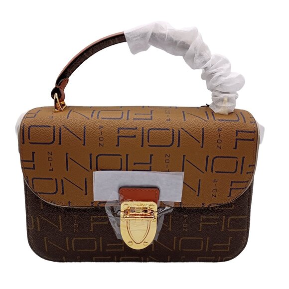 FION HK Monogram Small Leather Crossbody Mini Tote Brown & Carmel Bag NWT - Picture 1 of 16